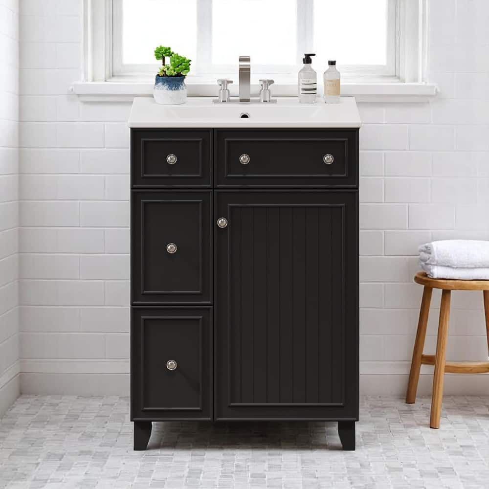 24" Bathroom Vanity with Ceramic Sink, 2 Drawers, Soft-Close Door, Freestanding Cabinet for Small Spaces, MDF and Wood