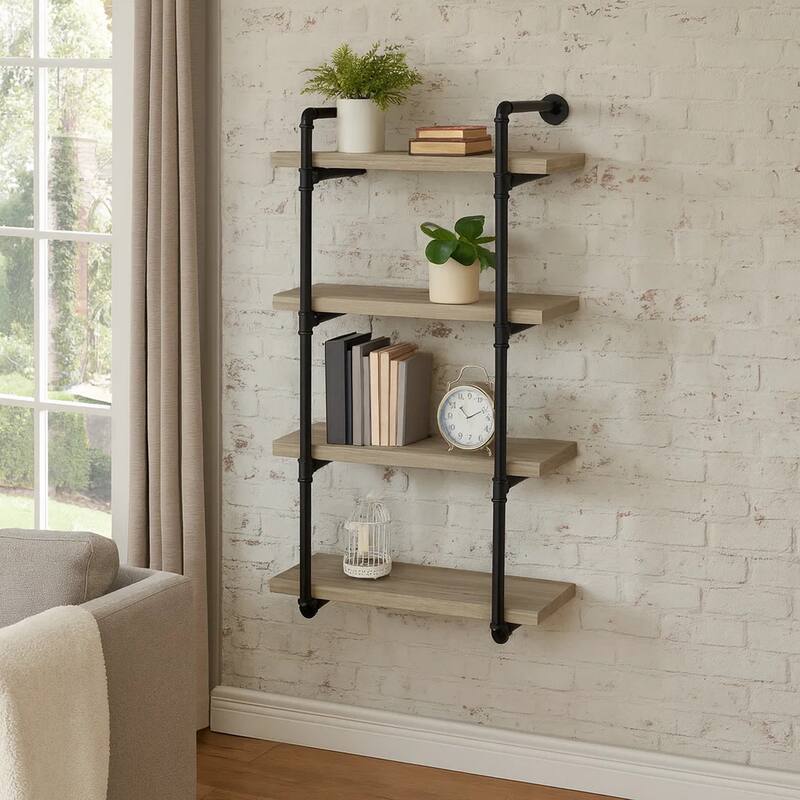 24 Inches 4 Tier Wood and Metal Wall Shelf, Gray and Black
