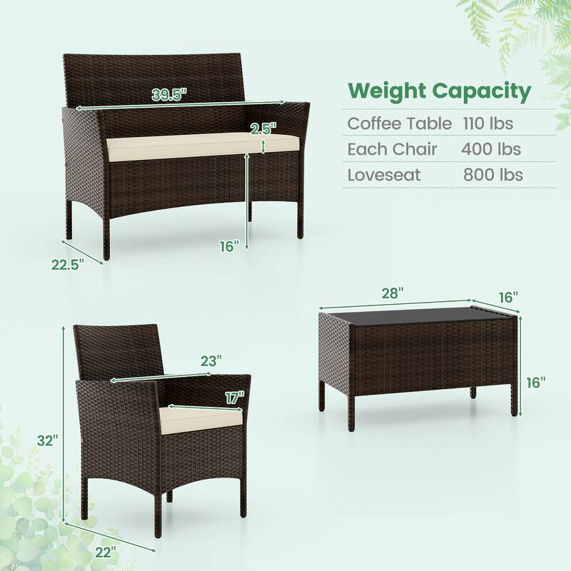 Gymax 4 PCS Patio Rattan Conversation Set Outdoor Wicker Furniture Set