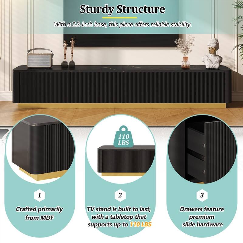 Luxury Fluted TV Stand for TVs Up to 85", Faux Marble Tabletop TV Cabinet Media Console w/ 4 Drawers & Gold Base for Living Room