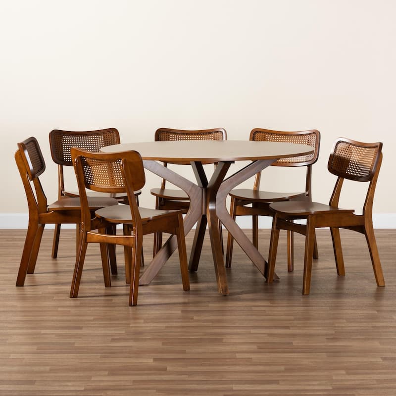 Linnet Mid-Century Modern Wood and Rattan 7-Piece Dining Set