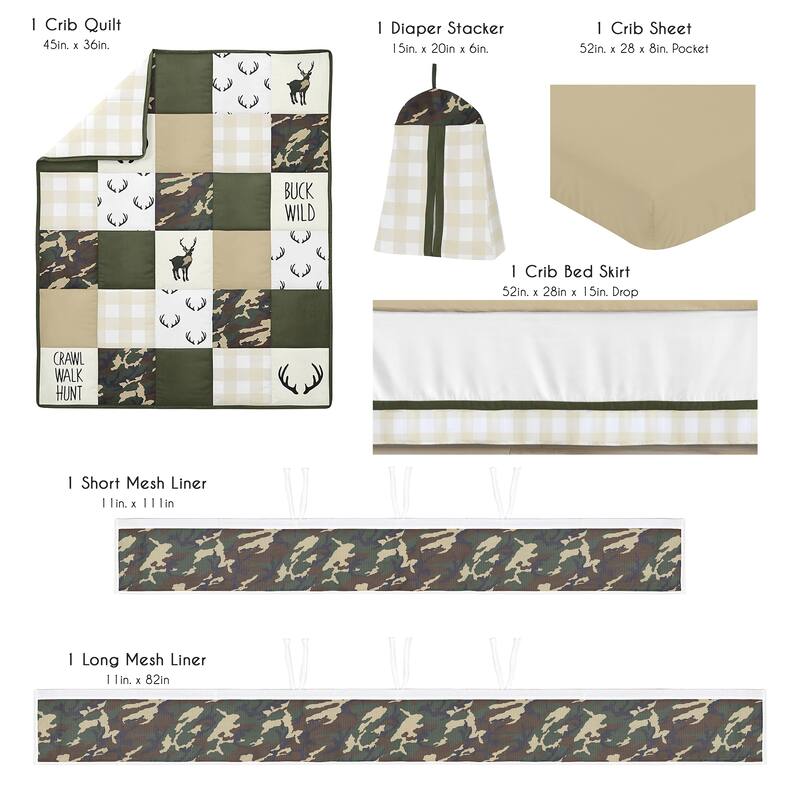 Sweet Jojo Designs Woodland Camo Deer Boy 6pc Crib Bedding + BreathableBaby Breathable Mesh Liner - Plaid Print - Crib Size