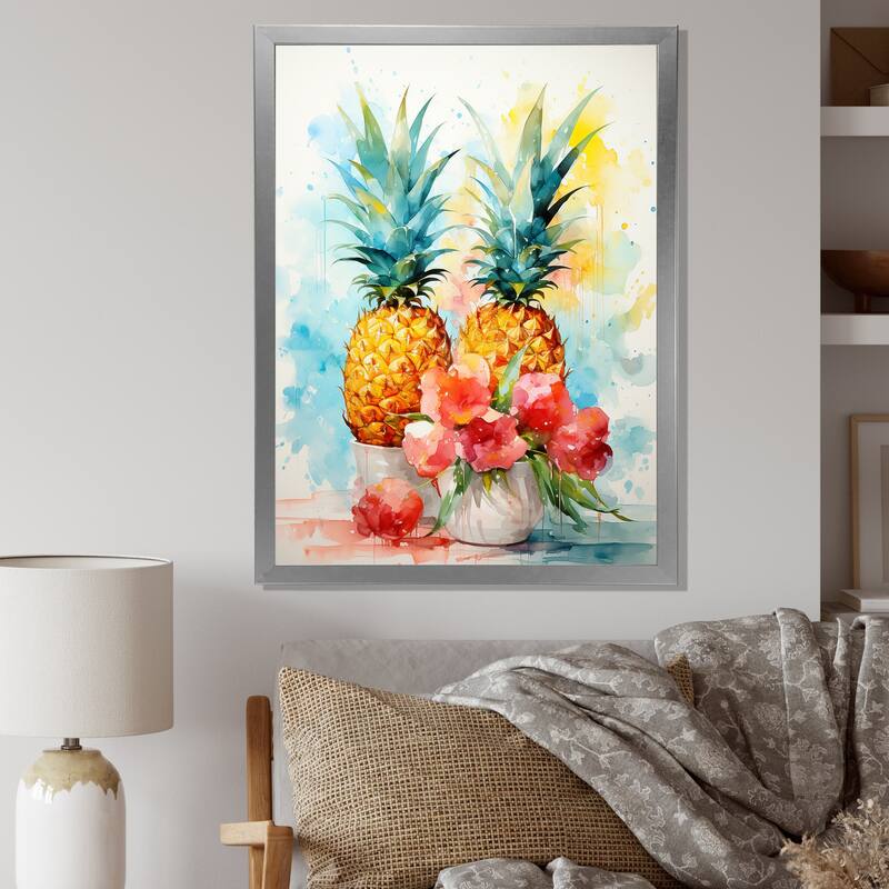 Designart "Aquarel Pineapple Painting" Pineapples Wall Decor Green - Traditional Living Room Framed Canvas Art - 30 in. wide x 40 in. high - Silver