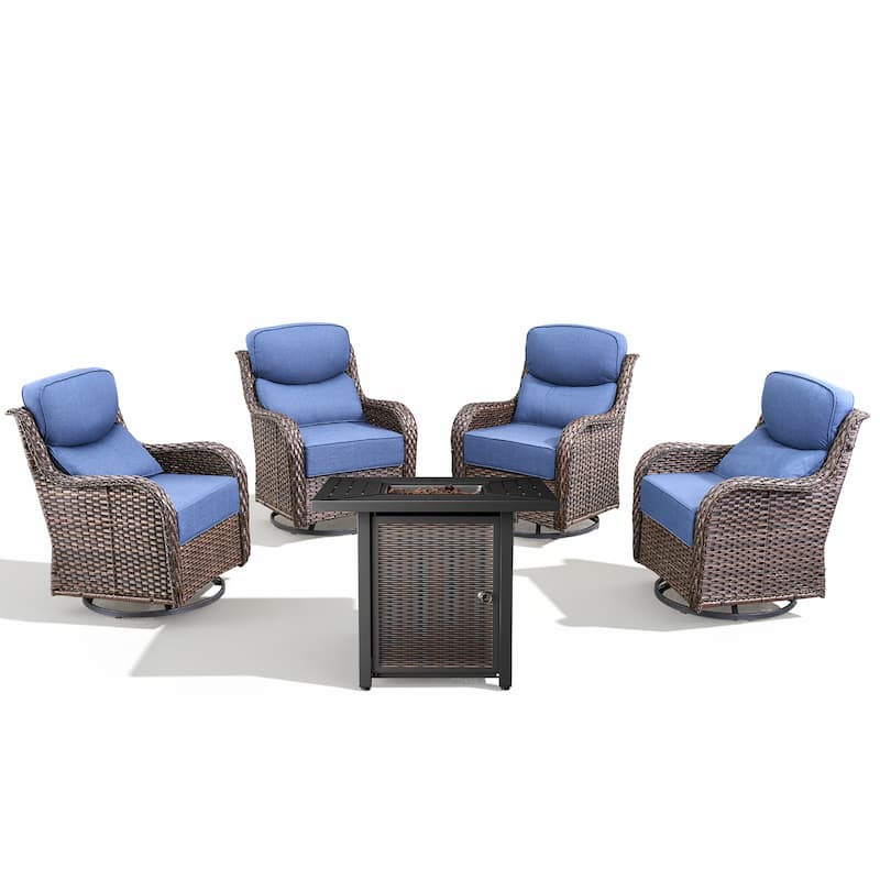Arcadia 5-Piece Wicker Patio Set with 4 Swivel Glider Chairs and Square All-Iron Fire Pit