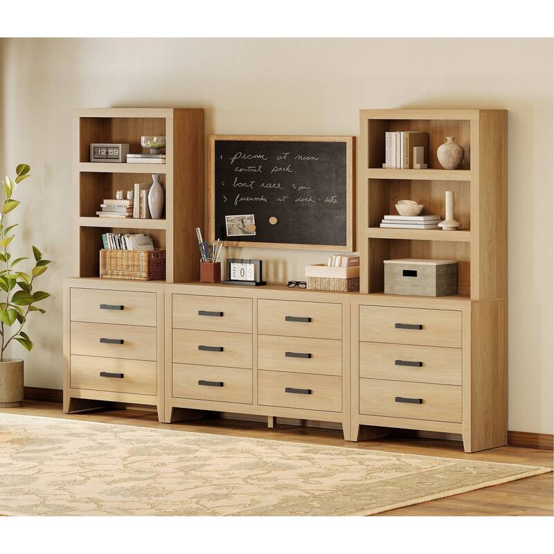 WAMPAT Farmhouse Entertainment Center with Bookshelves, Media Console & Storage Drawers