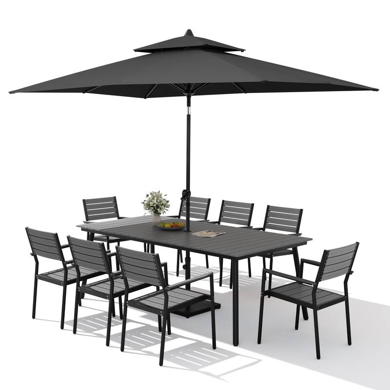 11PC Outdoor Patio Dining Set Aluminum Table with Stackable Armchairs w/ Market Umbrella Set