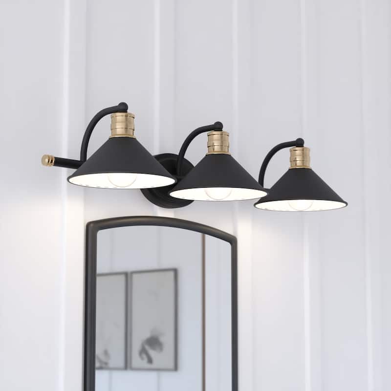 Akron 3 Light Farmhouse Barn Bathroom Vanity Fixture - Matte Black and Natural Brass - 28-in W x 6.25-in H x 10-in D