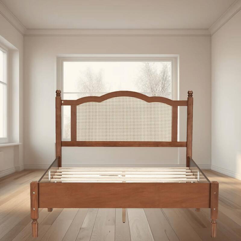 Full Size Wooden Platform Bed with Natural Rattan Headboard, Minimalist Design, No Box Spring Needed, 400 lbs Weight Capacity - Walnut - Full