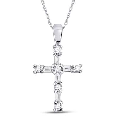 10k White Gold 1/4 Carat Round Baguette Diamond Cross Pendant