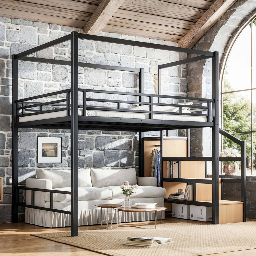 Queen Loft Bed with Storage Stairs and Wardrobe, Metal Loft Bed with Canopy Frame, Ample Underbed Spaces Design, Black