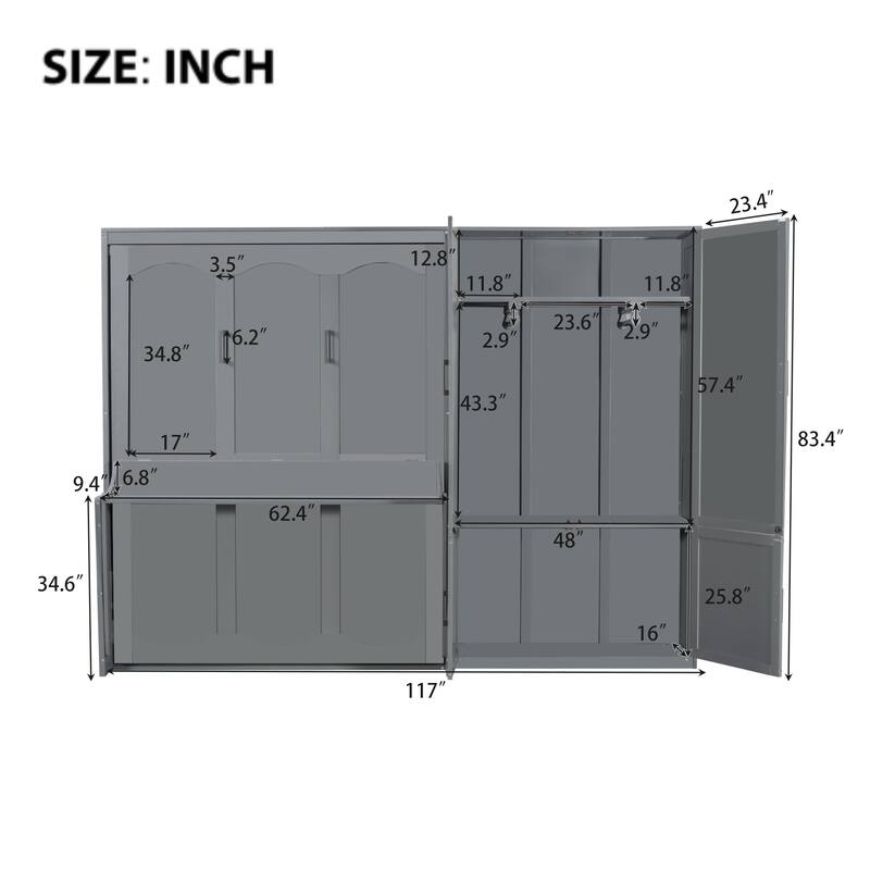 Queen Size Wall Bed with Closet and Hydraulic Lift System, Space-Saving Design, Gray