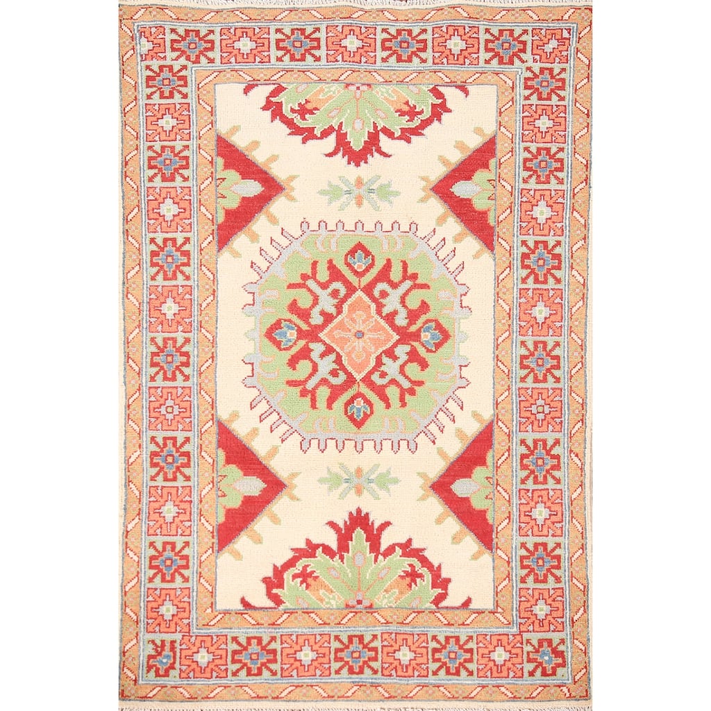 Geometric Kazak Oriental Accent Rug Handmade Wool Carpet - 3'4"x 5'0"