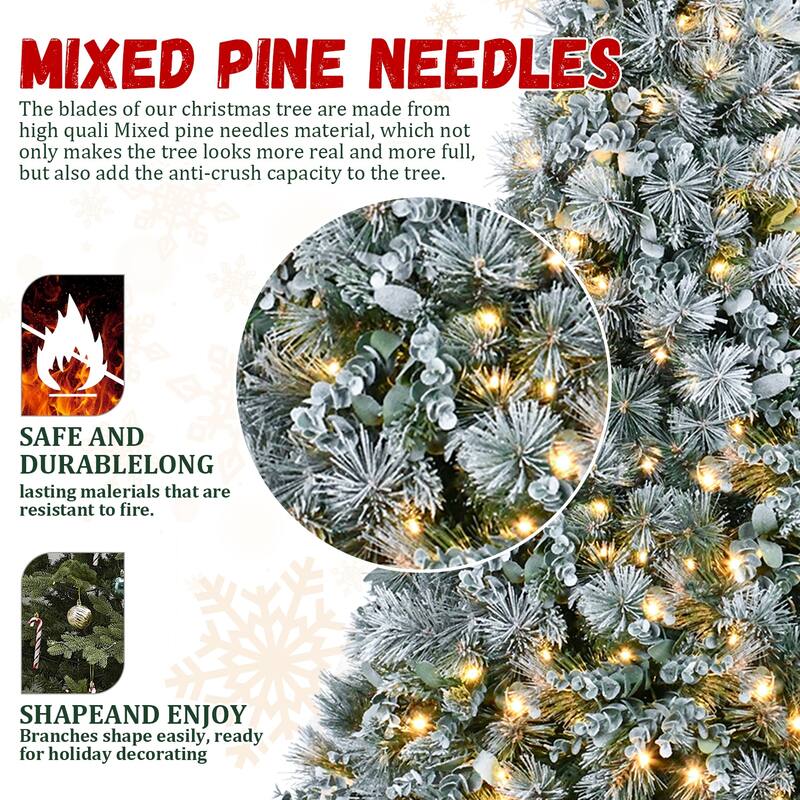 4FT Prelit Flocked Christmas Tree with Pine Needles & Eucalyptus Leaves,150 Warm White LED Lights,404 Tips, Hinged Branches