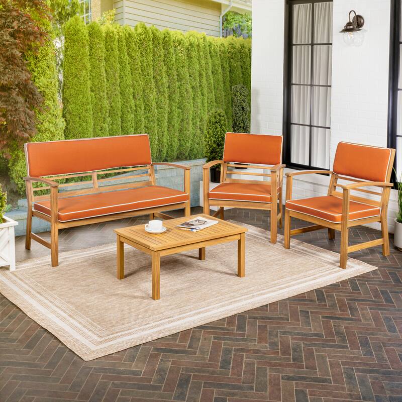 Freja 4-Piece Modern Coastal Acacia Wood Conversation Outdoor Patio Set with Cushions, by JONATHAN Y