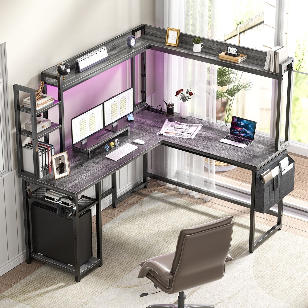 L Shaped Desk with Full Hutch and Power Hub, Corner Desk Computer Desk Office Writing Desk