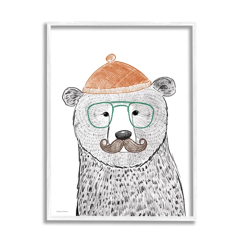 Stupell Children's Forest Bear Illustration Hipster Beanie Mustache Glasses Framed Wall Art - Grey - 16 x 20 - White
