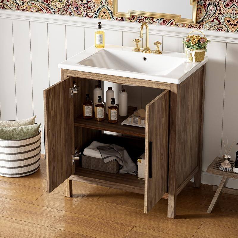 30" Wood Color Bathroom Vanity with Single Sink,Solid Wood Frame