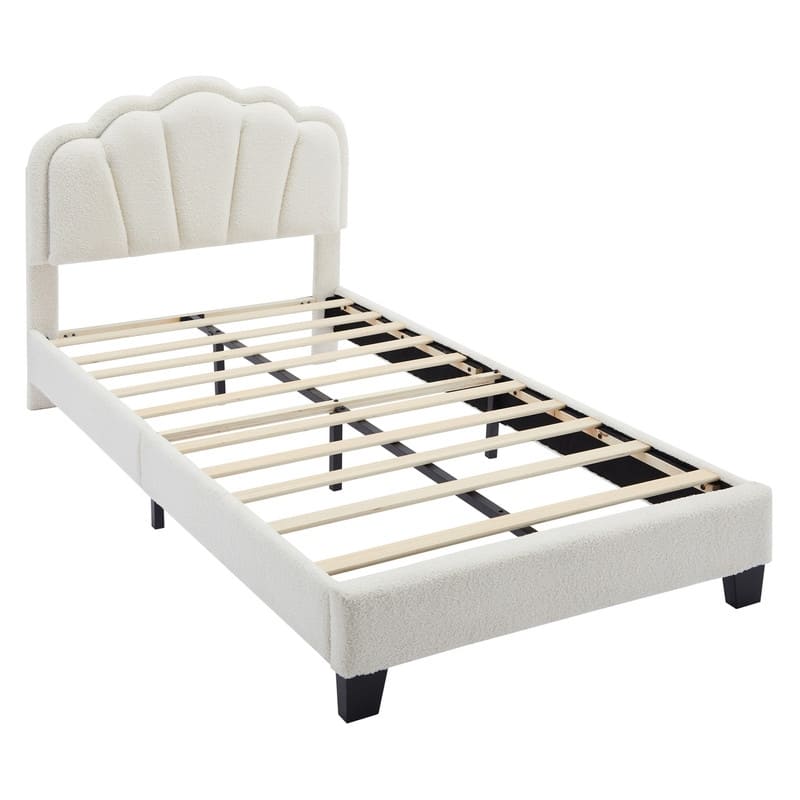Upholstered Platform Bed with Flower-Shaped Headboard & LED Light Strip, Twin/Full Size Sherpa Fabric Bed Frame w/ Slats Support