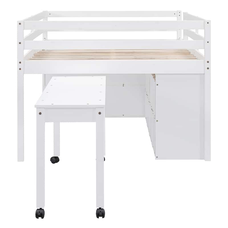 Full Size Loft Bed with Retractable Writing Desk and 4 Drawers, Wooden Loft Bed with Lateral Portable Desk and Shelves, White