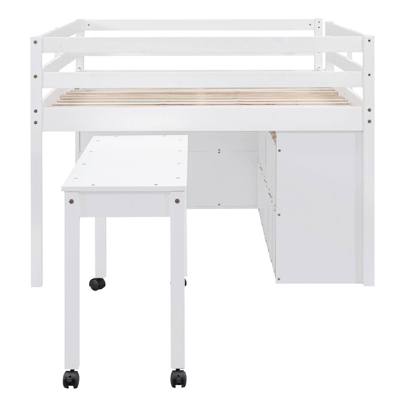 Solid Wood Loft Bed with Retractable Writing Desk and 4 Drawers, Lateral Portable Desk and Shelves