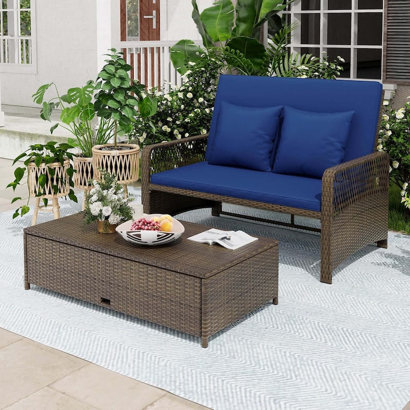 Costway Patio Rattan Daybed Wicker Loveseat Sofa with Multifunctional - See Details - Blue