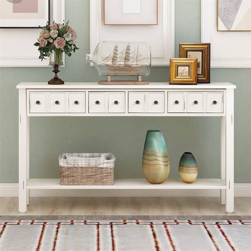 Merax Rustic 4-drawers Long Entryway Console Table - Antique White