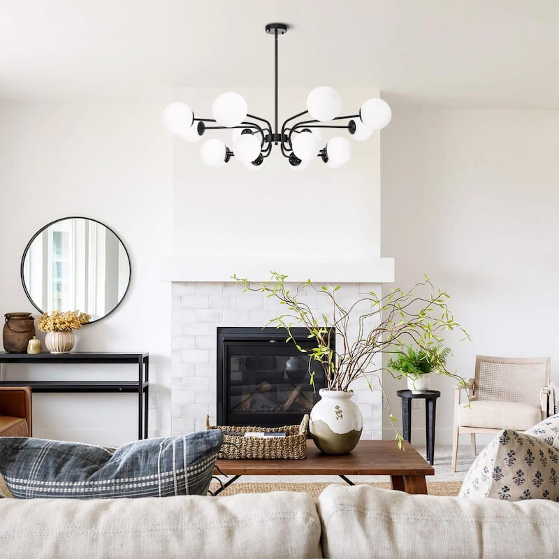 16-Light Mid-Century Modern 2-Tier Large Round Sputnik Glass Globe Chandelier with Milky White Glass Globe Shade