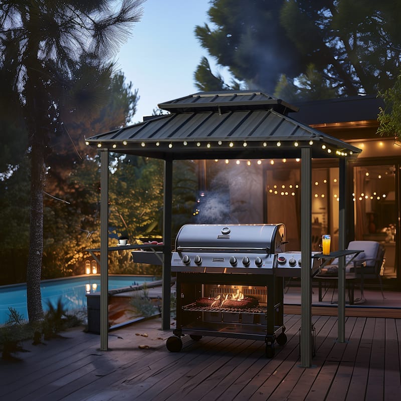 Grill Gazebo with Bar & Shelves, Double Roof BBQ Canopy for Patio, Wind & Weather-Resistant Outdoor Grill Shelter Tent