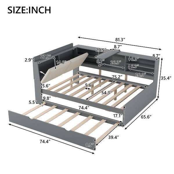dimension image slide 0 of 2, Full Size Wood Platform Bed with Trundle, Shelves and Storage Headboard, White