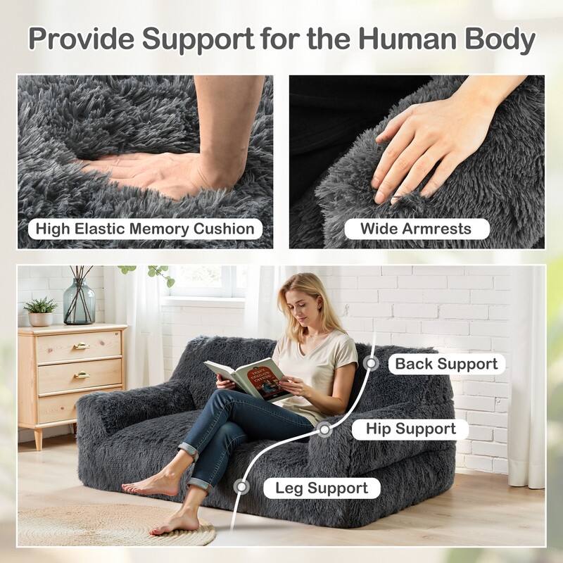 Plush Fluffy Faux Fur Foam Filled Bean Bag Chair, Cozy Soft Loveseat Floor Sofa