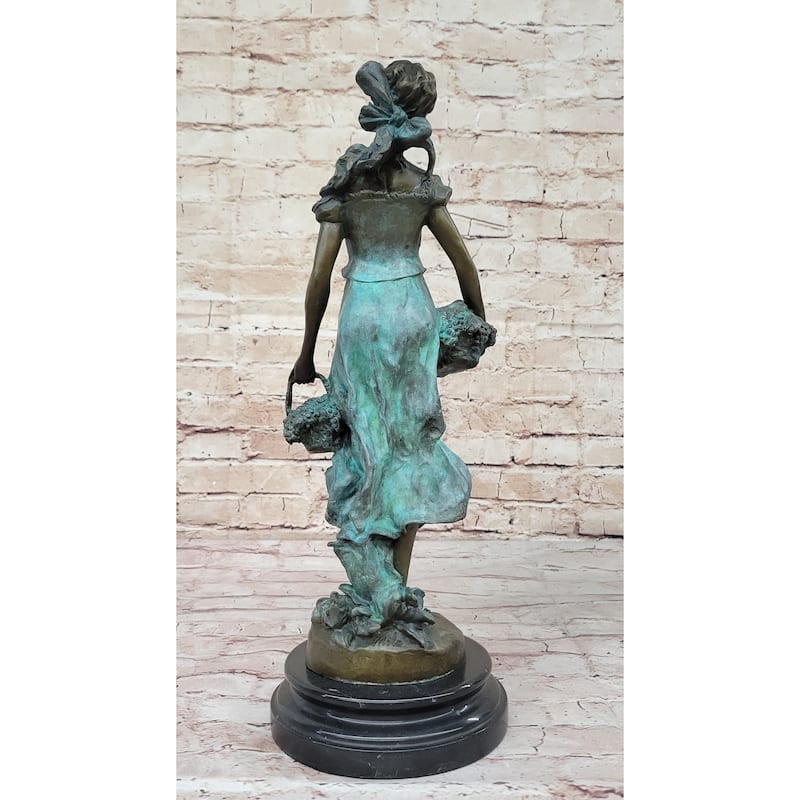 Girl Carrying Basket Of Grapes Clical Bronze Figure Statue Sculpture 17 Inches X 6 Inches