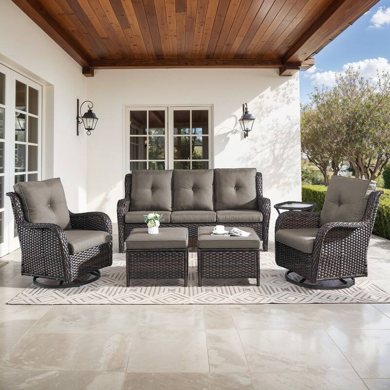 Gymojoy 6-Piece Outdoor Wicker Patio Set with Swivel Rockers, 3-Seater Sofa & Ottomans - Brown Wicker / Grey Cusion - 6-Piece