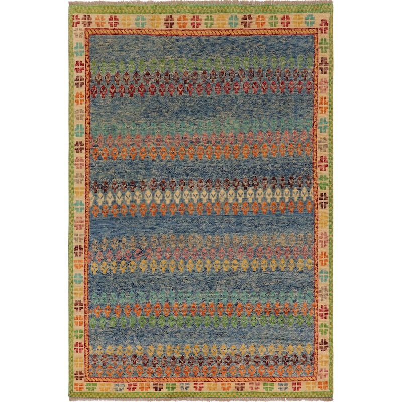 Eclectic Balochi Warner Blue/Beige Hand Knotted Wool Rug - 4'11'' x 6'6''