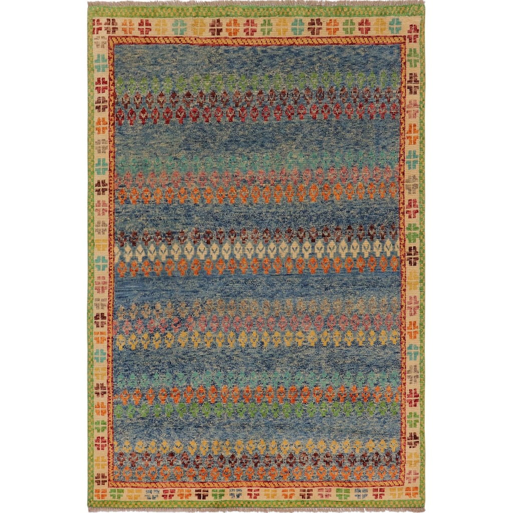 Eclectic Balochi Warner Blue/Beige Hand Knotted Wool Rug - 4'11'' x 6'6''