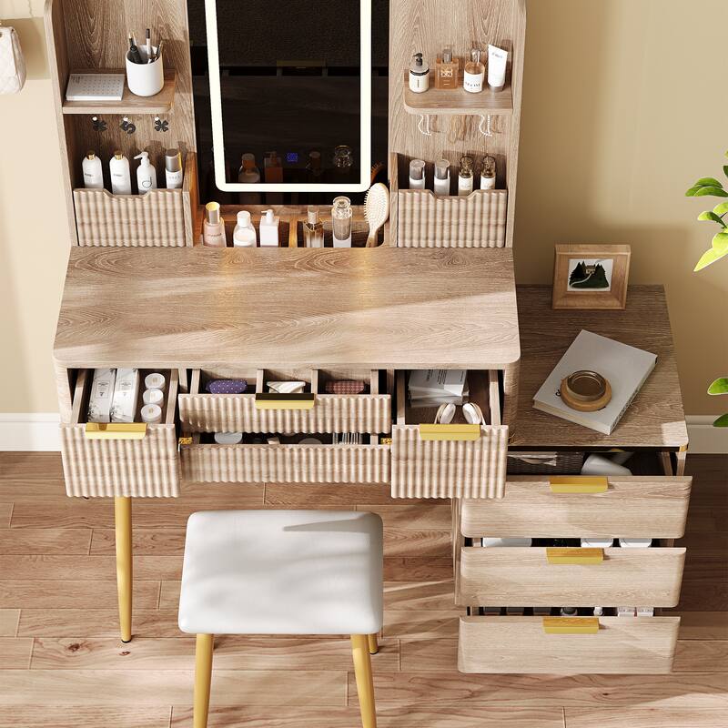 Anmytek 7-Drawer Vanity Desk with LED Mirror & PU Stool - Carved Details & Jewelry Storage for Bedroom