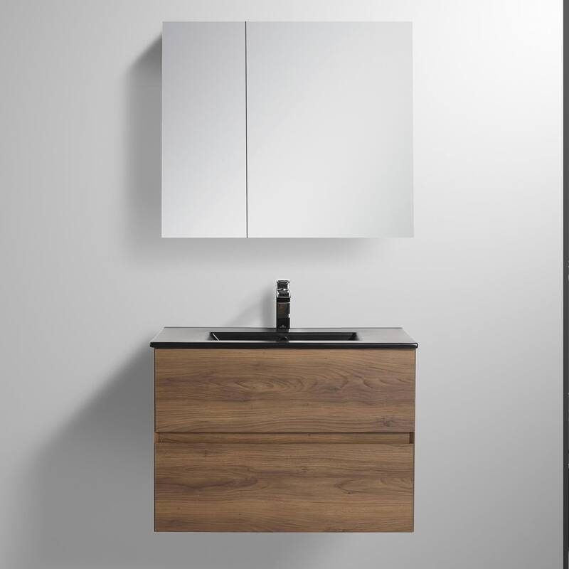 Blossom 30 Inch All Wood Wall Mounted Floating Bathroom Vanity with Sink - Brown Walnut - 30" MB Ceramic Sink