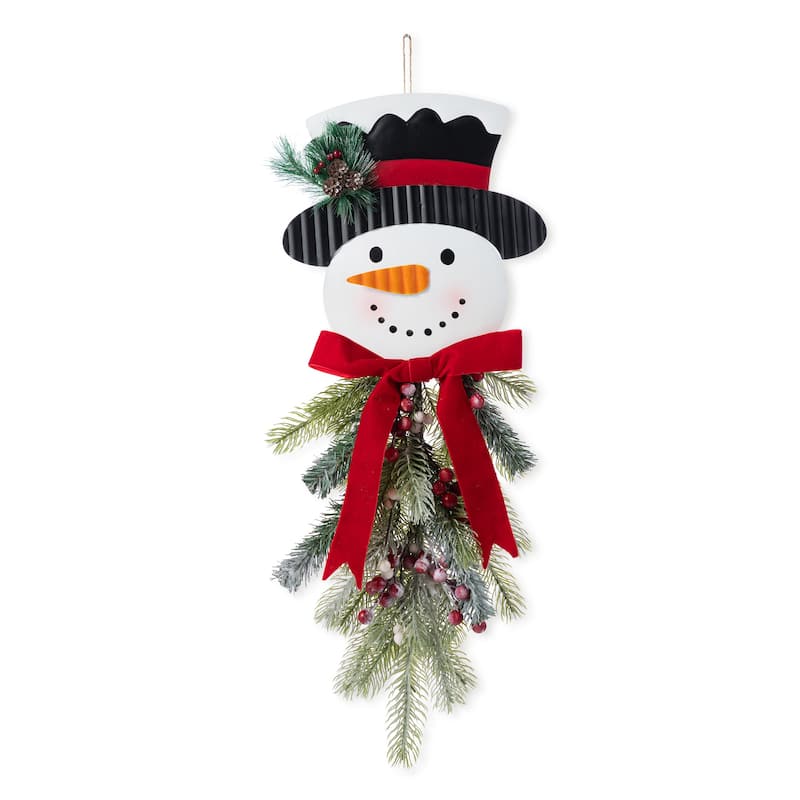 Glitzhome 19"H Lighted 3D Wooden Metal Snowman Christmas Wall Hanging Decor - Greenery Snowman without LED