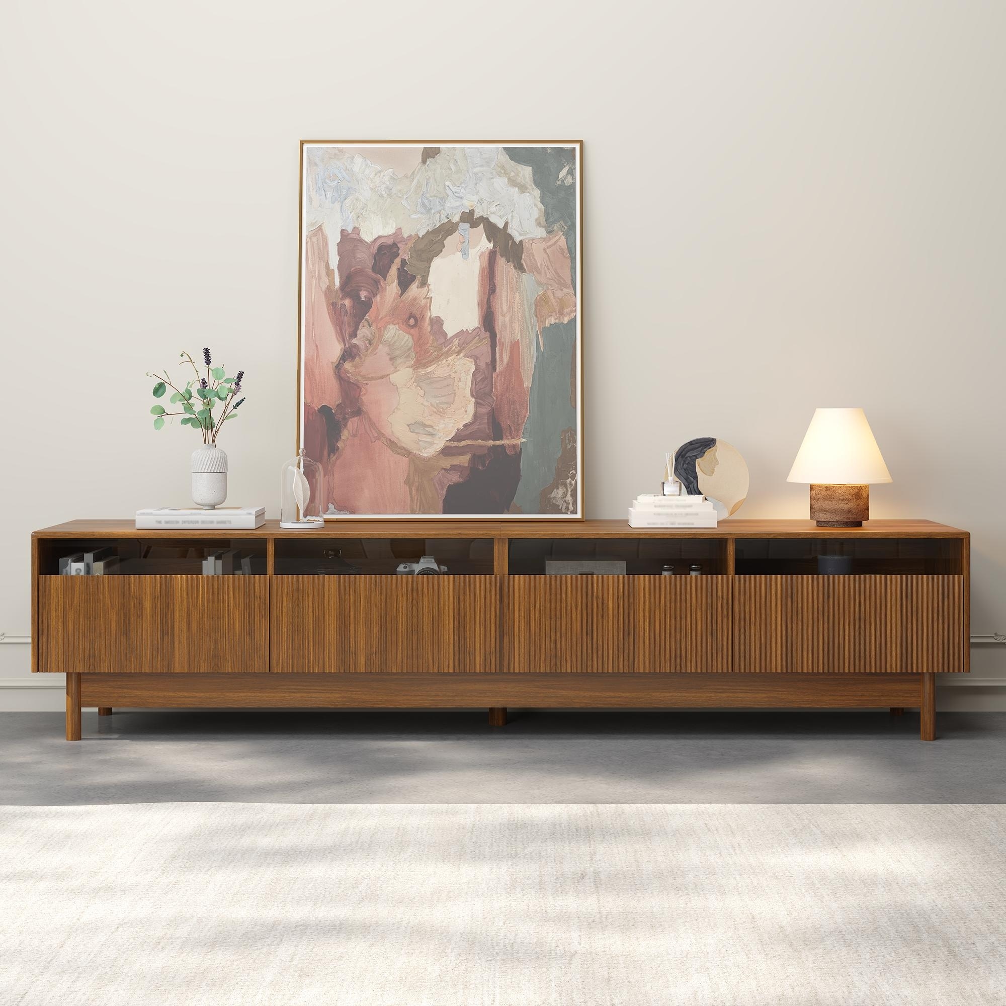Modern TV Console Entertainment Center with Fluted Glass Drawers, Walnut TV Stand Sideboard Buffet Cabinet