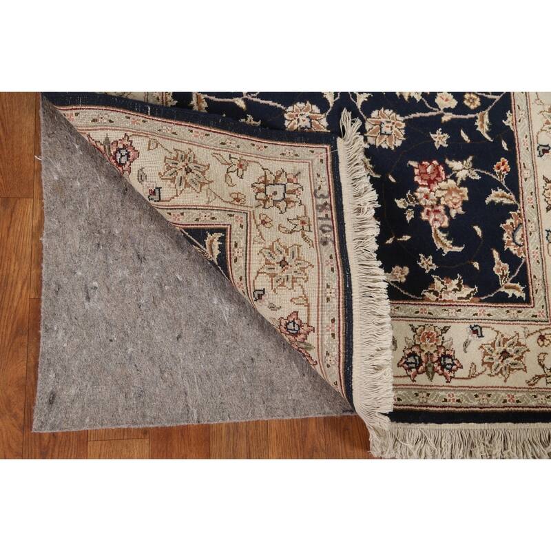 Hand Knotted Oriental Wool & Silk Carpet Traditional Floral Navy Blue & Blues Tabriz Area Rug - 4' 11'' X 3' 1''