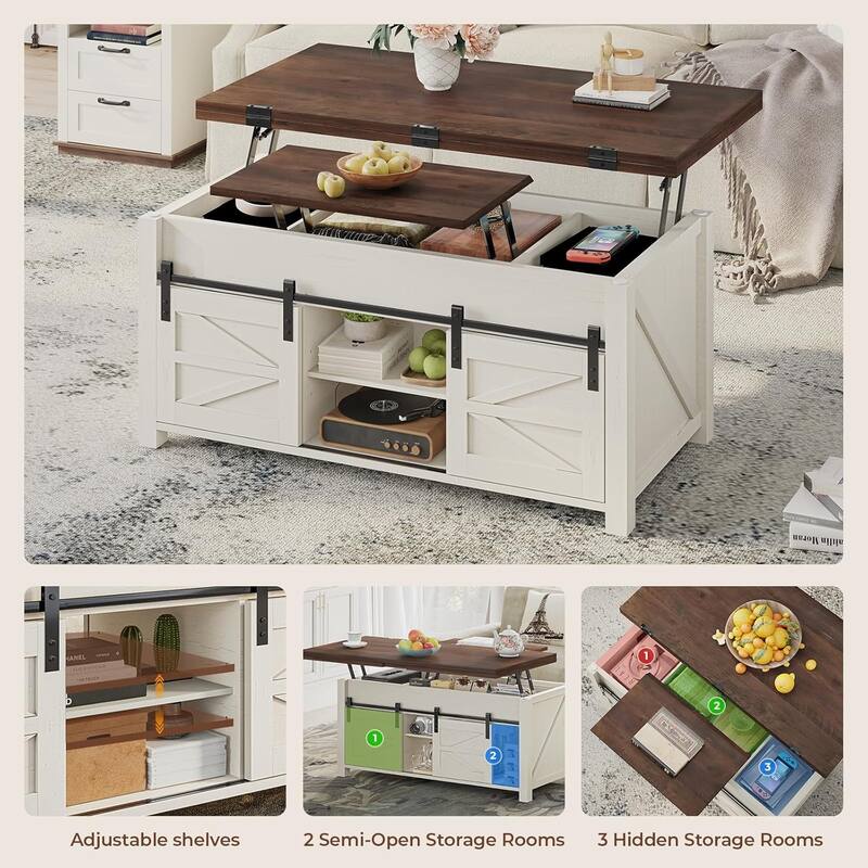 Lift Top Coffee Table Living Room 4 Sliding Barn Doors Adjustable Shelves