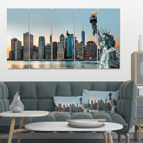 Designart 'New York City Skyline Panorama' Photo Canvas Print 32x16 - Blue