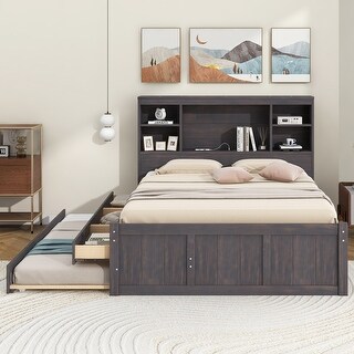 Full Size Platform Bed with Storage Headboard, Trundle, Charging Station, Antique Brown