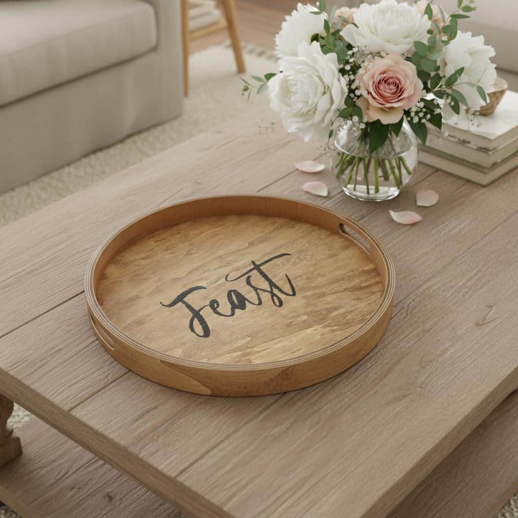 HomeRoots 14" Natural And Black Feast Round Serving Tray With Handles - 13.75 in. x 1.65 in. x 13.75 in.