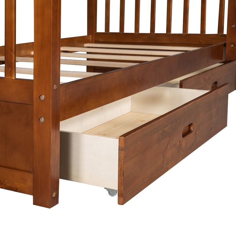 Twin-Over-Twin Bunk Bed with Ladders and Two Storage Drawers in Walnut Finish