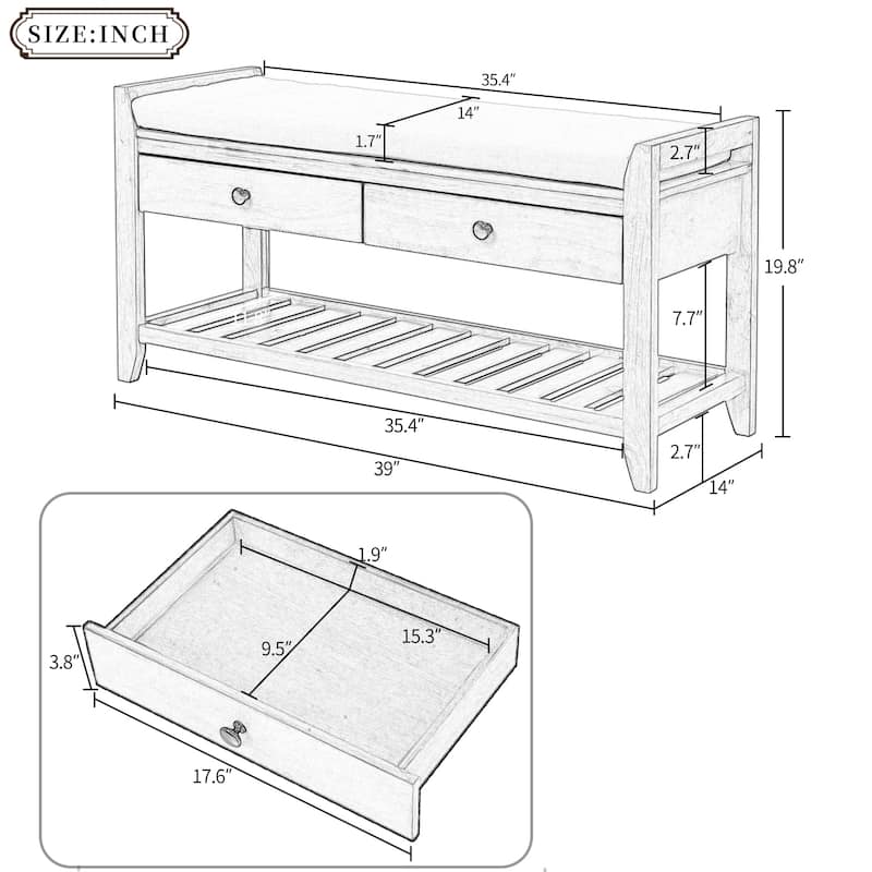 Entryway Storage Shoe Rack Bench with Cushioned Seat and Drawers