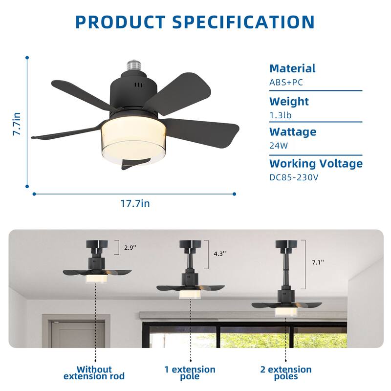 17.7 in. Indoor Socket Ceiling Fan Light with Remote, LED Light, 4 Fan Speeds, Dimmable, 3 Color Temperatures