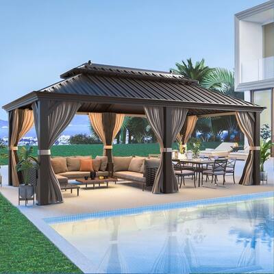 Outdoor Hardtop Gazebo Pergola w Galvanized Steel Roof and Aluminum Frame, Prime Curtains and nettings include