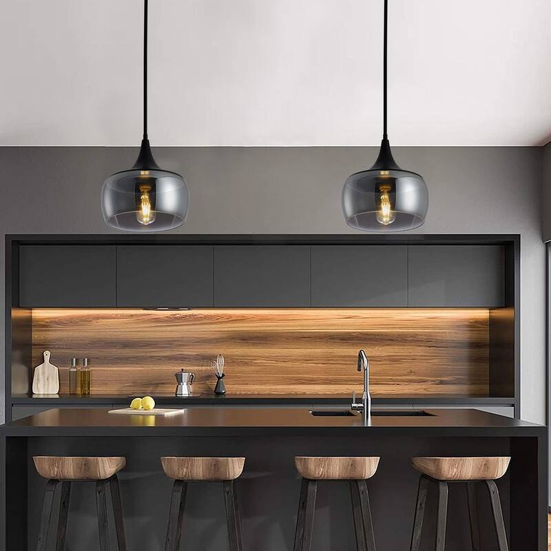 Matte Black 1-Light Dome Pendant Light with Smoke Grey Glass Shade