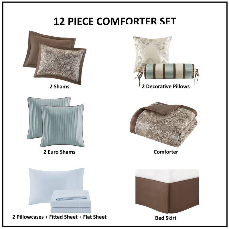 Madison Park Whitman Blue/ Brown 12 Piece Comforter Set with Cotton Bed Sheets
