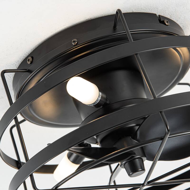 13-in Matte Black Industrial Flush Mount Small Caged Fandelier Ceiling Fan with Remote and LED Light